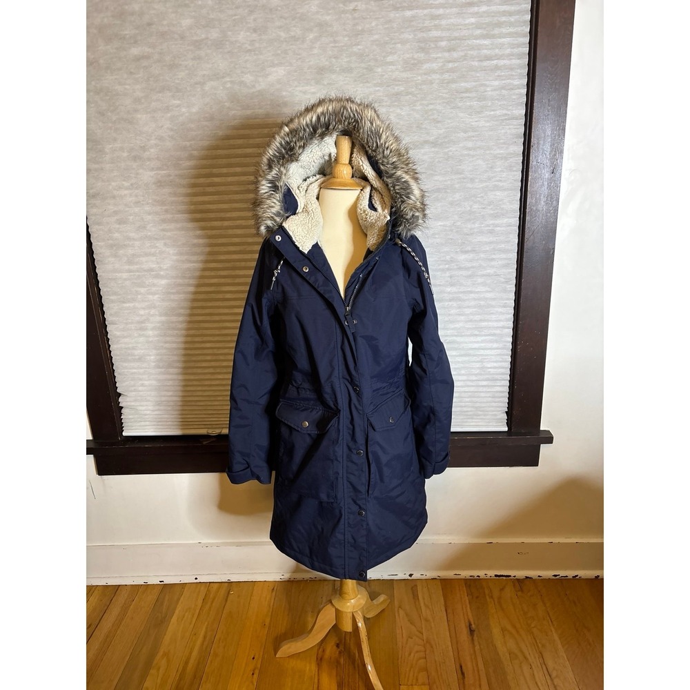 Eddie Bauer Navy Puffer Coat with Faux Fur Hood